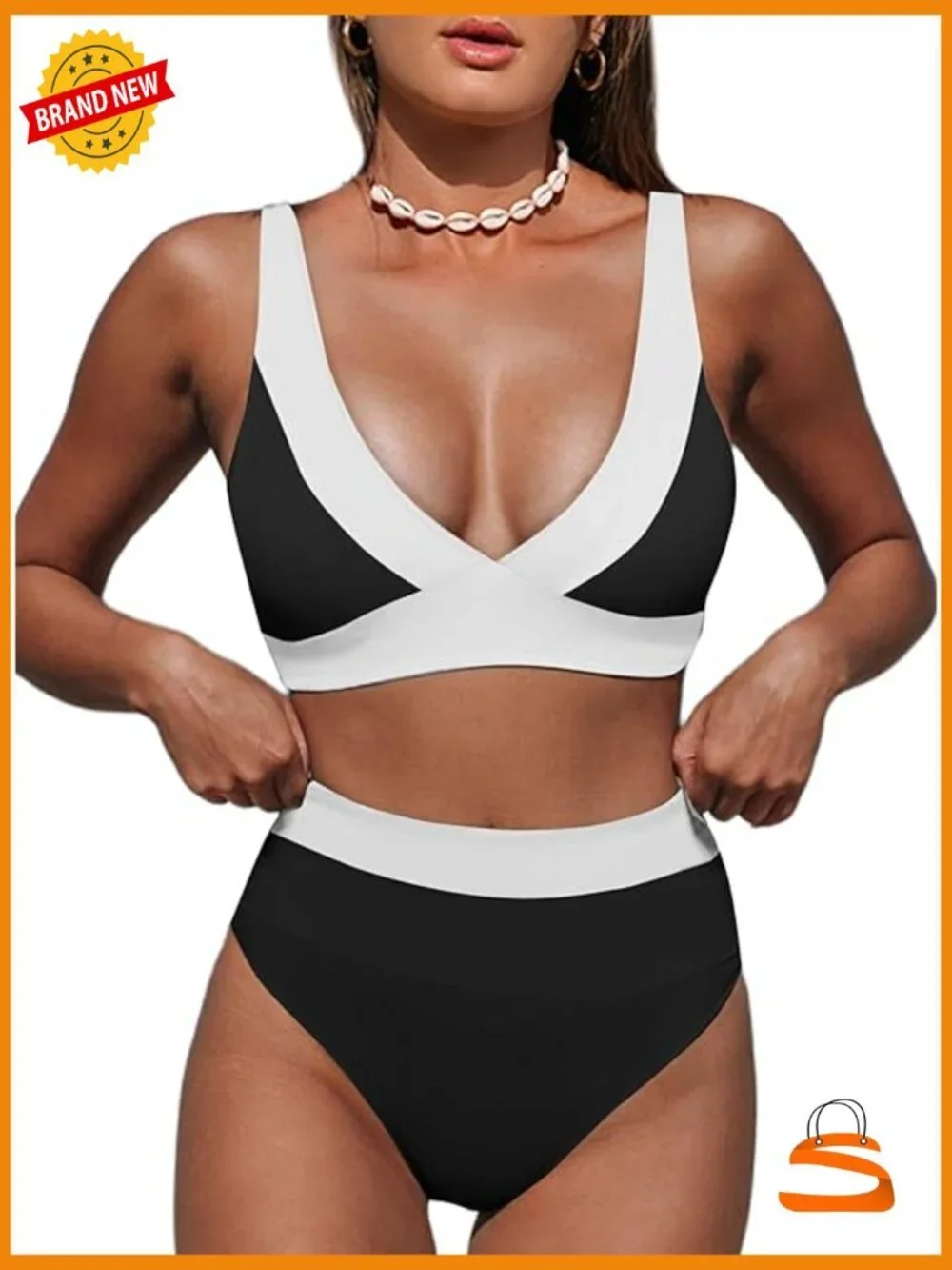 High Waisted Tummy Control Bikini Set with Padded V Neck Top